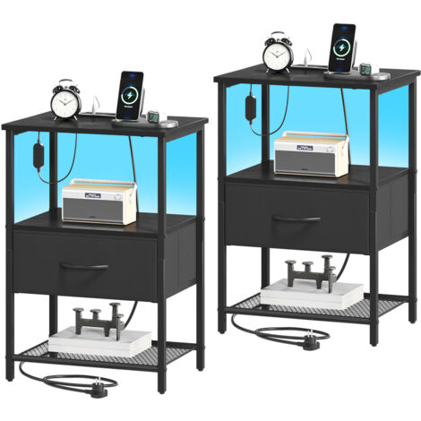 Somdot – 2 Table de Chevet LED avec Station de Charge – Dimensions 30 x 40 x 59,5 cm – 1 tiroir en Tissu –  Noir
