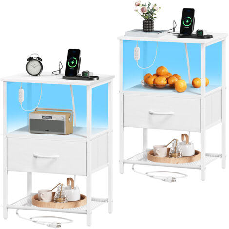 Somdot – 2 Table de Chevet LED avec Station de Charge – Dimensions 30 x 40 x 59,5 cm – 1 tiroir en Tissu –  Blanc