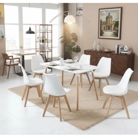 Lot de 6 chaises scandinaves blanches – Structure en bois – Hauteur d'assise 45cm – Design moderne pour salle à manger