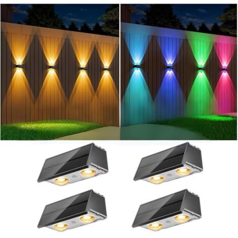Lot de 4 appliques murales solaires, éclairage extérieur LED + RVB, éclairage de jardin étanche, convient pour jardin, piscine, terrasse, clôture (1/5)