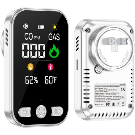 LOLLANDA Détecteur 4-en-1 enfichable : Détecteur combiné de monoxyde de carbone et de gaz naturel combustible-Batterie intégrée et écran HD [Capteurs CO, gaz, température et humidité] (1/5)