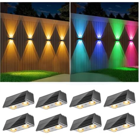 Lot de 8 appliques murales solaires, éclairage extérieur étanche, appliques murales, jardin terrasse piscine, éclairage d'ambiance RVB (1/5)