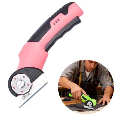 LOLLANDA Cutter électrique pour carton – Ciseaux sans fil 4 V – Cutter rotatif universel sur batterie – 2 lames – Pour papier, carton, moquette, cuir, feutre et plastique (Rose) (1/5)