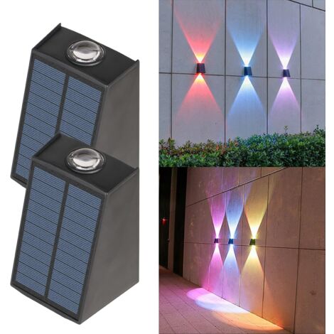 Lot de 2 appliques murales solaires, 2 LED haut et bas, éclairage d'extérieur étanche à énergie solaire pour mur,rampe,porche jardin, couleur fixe RVB (1/5)