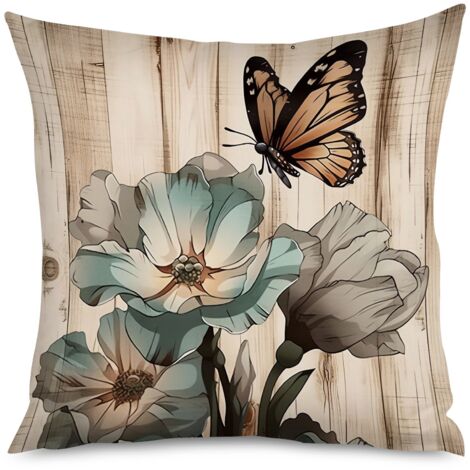 Housse de coussin imprimé bois foncé et fleurs jaunes (1/5)