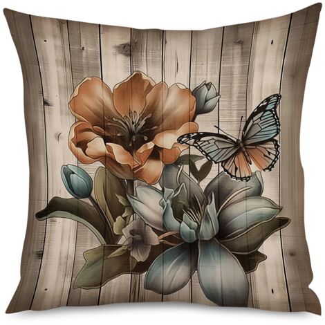 Housse de Coussin décoratif bois cérusé et fleurs pastel (1/5)