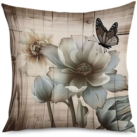 Housse de coussin imprimé bois chêne et anémones (1/5)