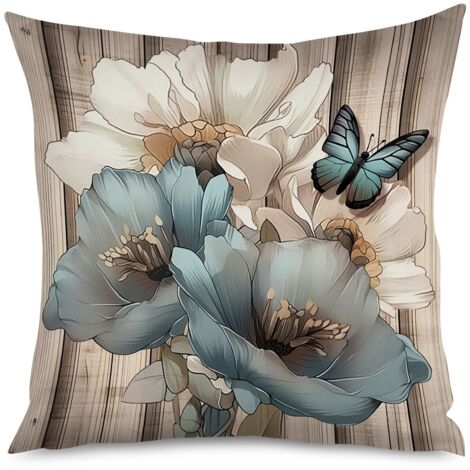 Housse de coussin imprimé bois cérusé et coquelicots (1/5)