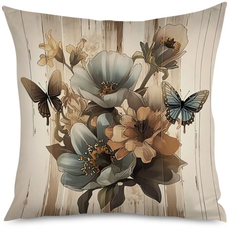 Housse de coussin fleurs botaniques sur fond bois brut (1/5)