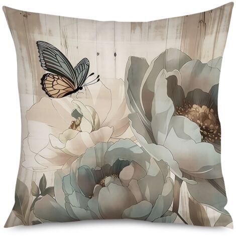 Housse de coussin fond bois texturé et fleurs délicates (1/5)