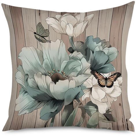 Housse de Coussin motif bois vintage avec fleurs colorées (1/5)