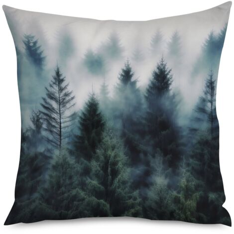 Housse de coussin, Coussin motif forêt brumeuse, ambiance sereine (1/5)