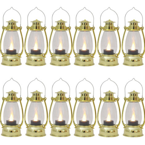 Lot de 12 mini-lanternes décoratives avec bougie LED vacillante, petite lanterne de 13 cm pour décoration de table, plaqué or (1/5)