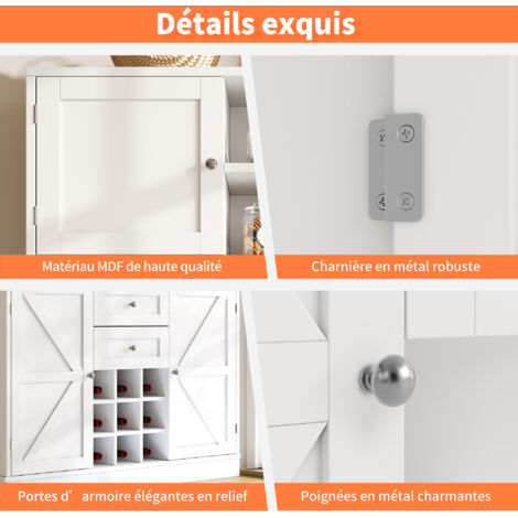 Armoire de cuisine avec des compartiments réglables et étagère pour les vins. Grande armoire de cuisine avec 4 portes et 2 tiroirs. Meuble d’appoint pour la cuisine et le salon. Armoire à buffet. Blan (1/5)