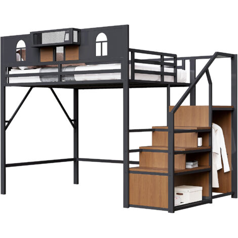 Lit mezzanine en métal, avec tiroir de rangement, étagères et table, barrière de sécurité et étagères métalliques divisées, lit à cadre en fer haut (noir) (1/5)