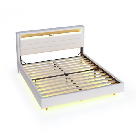 Lit rembourré pour enfant avec prise USB et lampe LED, tête de lit réversible, tête de lit escamotable, lit double plat, lit adulte (1/5)