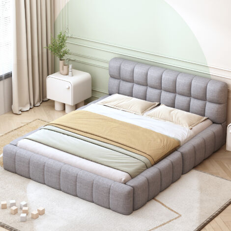 Lit double de 140 x 200 cm. Lit enfant. Lit avec dossier doux. Lit pliant avec bordure en coussin. Matelas en bois blanc (le matelas n’est pas inclus dans l’ensemble du produit). (1/5)