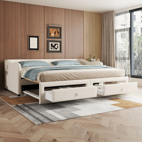 Lit de jour, dimensions 90 x 200 cm. Il comprend un lit qui peut être démonté. Il y a également un canapé-lit avec deux compartiments. On trouve aussi un lit individuel (sans matelas). (1/5)