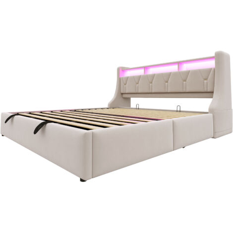 Lit rembourré moderne - lit coffre hydraulique avec tête de lit rabattable, prises et étagères, éclairage LED (1/5)