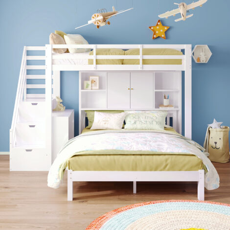 Lit à lits avec étagère de rangement. Dimensions : 90200 cm + 140200 cm. Lit multifonctionnel pour enfants. Comprend une échelle de rangement et un bureau mobile. Grande capacité de stockage. Couleur (1/5)