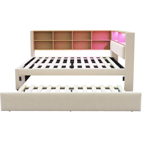 Canapé-lit gigogne avec espace de rangement. Le canapé-lit gigogne est équipé d'un éclairage LED et de compartiments de rangement (matelas non inclus) (1/5)