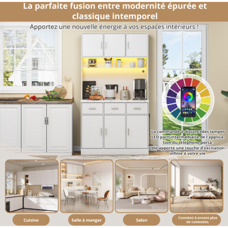 Bureau multifonctionnel avec éclairage LED et contrôle via application mobile. Il comprend des tiroirs, des plans de rangement réglables, des trous pour le passage du câble, ainsi que des prises élect (1/5)