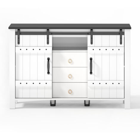 Compartiment de rangement avec un espace de stockage, large de 120 cm. Compartiment latéral avec des portes coulissantes et 3 tiroirs. Table basse en bois rustique, idéale pour les cuisines, les salon (1/5)