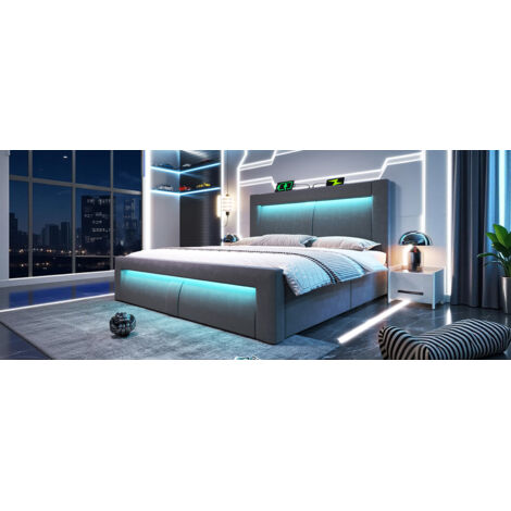Lit double (140 x 200 cm) avec rangement. Matelas à ressorts hydrauliques. Éclairage LED contrôlé par application mobile. Ports USB et USB-C. Gris. Matelas non inclus. (1/5)