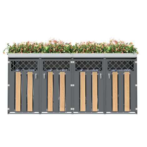 Boîte à ordures avec des trous de ventilation en forme de rayons. Compartiments pour le stockage des déchets. Fermée par des portes. Surface destinée aux plantes. (1/5)
