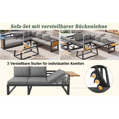 Set de canapés extérieur modulaires, avec dossier réglable, accoudoirs qui se déplient et contenants en métal pour les chaises. Les coussins ont une épaisseur de 10 cm. Couleur gris/beige. (1/5)