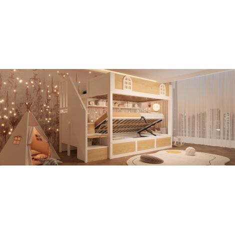 Lit surélevé de 90x200 cm, équipé d’un placard et d’espaces de rangement. Lit double en blanc ou naturel, avec des barreaux de sécurité et un sommier en planches. Lit compact pour deux enfants, sans m (1/5)