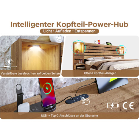 Ce lit double en bois mesure 160 x 200 cm. Il est doté d'une tête de lit suspendue avec éclairage LED et port USB Type-C. Des tiroirs offrent un espace de rangement sous le lit. (1/5)