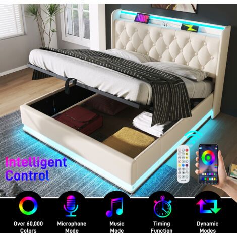 Lit double avec éclairage LED périphérique. Contrôle par écran tactile, application ou télécommande. Dimensions : 140 x 190 cm. Matelas à absorption des chocs. Port de chargement USB Type-C inclus (ma (1/5)