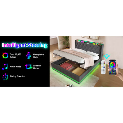 Lit double avec éclairage LED périphérique. Contrôlable par écran tactile, application ou télécommande. Dimensions : 140 x 190 cm. Comprend un port de chargement USB Type-C (matelas non inclus). (1/5)