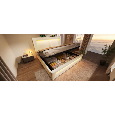 Lit double (140 x 200 cm) avec rangement intégré. Sommier hydraulique. Éclairage LED pilotable par application. Ports USB et USB-C inclus. Couleur beige. Matelas non fourni. (1/5)