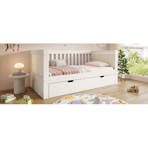 Cadre de lit 90 x 200 cm et sommier 90 x 190 cm. Design compact pour un gain de place. Matériau : bois blanc. (Matelas non inclus) (1/5)