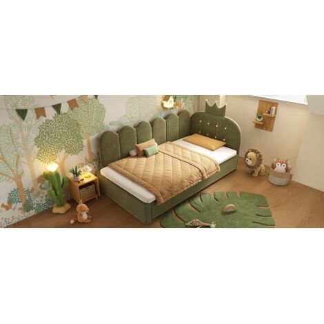 Canapé lit de 90x200 cm, avec un lit extérieur. Lit individuel de 90x190 cm. Lit pour les invités, en forme de L. Tissu en velours, couleur verte. Design à motifs en fer forgé, très agréable à regarde (1/5)