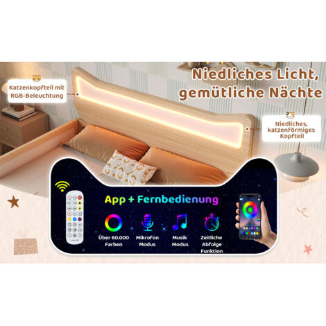 Ce lit bébé de 140 x 200 cm est doté d'un matelas ergonomique et de lumières LED RGB. Il comprend un sommier à ressorts et des tiroirs latéraux amovibles.matelas non inclus. (1/5)