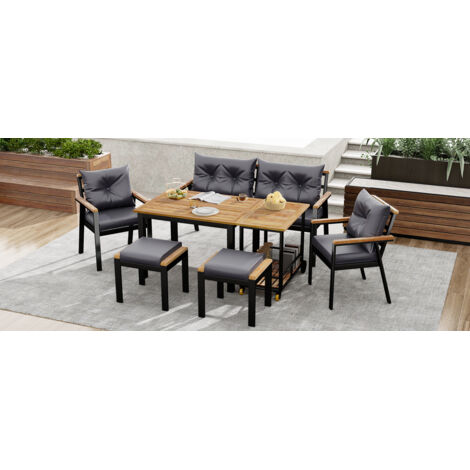 Set de tables et chaises en bois d’akazi. Meubles de jardin. Set de 6 à 7 places, avec des fauteuils et un plateau repas qui peut être retiré. La toile du set peut être enlevée et lavée. (1/5)