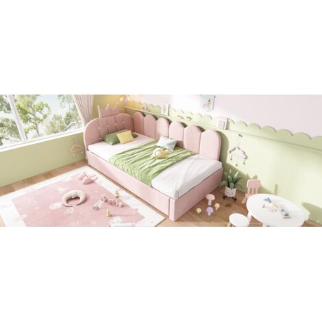 Canapé lit de 90x200 cm, avec un lit extérieur. Lit individuel de 90x190 cm. Lit pour les invités, en forme de L. Tissu en velours rose. Design à motifs en barreaux. Design charmant et agréable à rega (1/5)