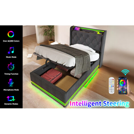 Lit individuel 90×200 cm, écran LED intégré, commande bouton/appli/télécommande. Lin gris, système hydraulique, sans matelas. (1/5)