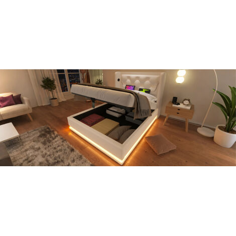 Lit individuel 90×200 cm, PU blanc, rangement hydraulique, dessus rembourré, charge USB-C, LED sur trois côtés (sans matelas). (1/5)