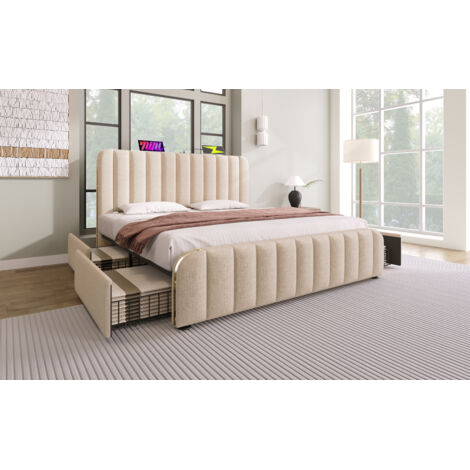 Lit double avec sommier rembourré, bords décorés dorés, charge USB Type-C. 180×200 cm, lin beige, 4 tiroirs, capacité 226 kg (sans matelas). (1/5)