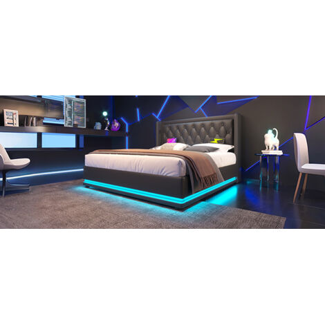 Lit double 160×200 cm, PU noir, stockage hydraulique. Dessus coussinets, LED sur trois côtés, sans matelas. (1/5)
