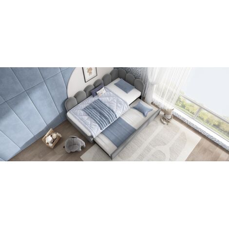 Lit double de 90x200 cm. Lit de jour ou lit pour enfants. Il comprend également un lit convertible de 90x190 cm et un sommier en planches de bois. Tissu : velours. Couleur : gris. Pas de matelas fourn (1/5)