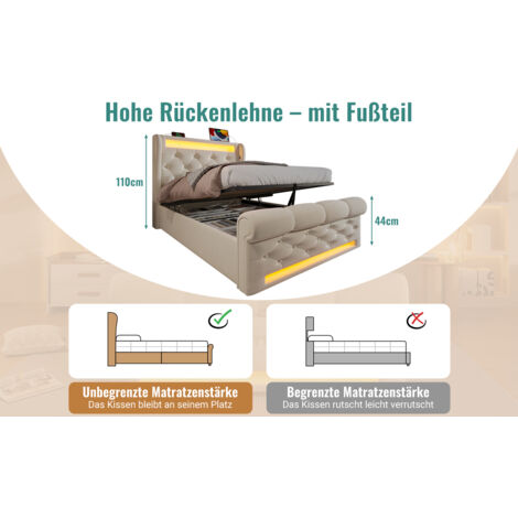 Lit confort moderne 90x200 cm, LED, enveloppe rangement USB/Type-C. Hydraulique, velours beige, sans matelas. (1/5)