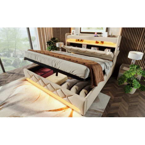 Lit double 140×200 cm. Espace de rangement avant avec ports USB/Type-C, LED autour de la tête et pieds. Espace hydraulique, matières lin (sans matelas), beige. (1/5)