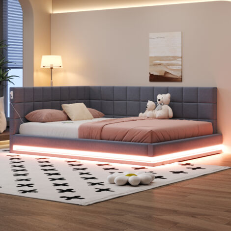 Polster-Sofa de 160×200. Lit multifonctionnel avec bandeau lumineux LED, prise USB et sommier en tiges métalliques. Matériau du tapis : lin, couleur gris. (1/5)
