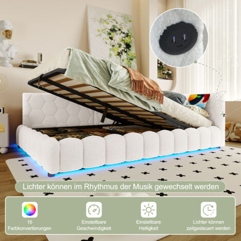 Lit de jour 140×200 cm. Sommier tiges métalliques (sans matelas), LED, mécanisme hydraulique, USB Type-C. Tissu synthétique, blanc. (1/5)