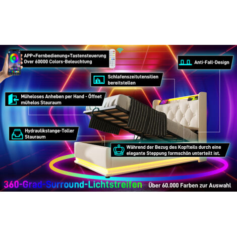 Lit individuel angle 90×200 cm. LED 360°, commande multiple, PU blanc, hydraulique, charge USB‑C (avec matelas) (1/5)